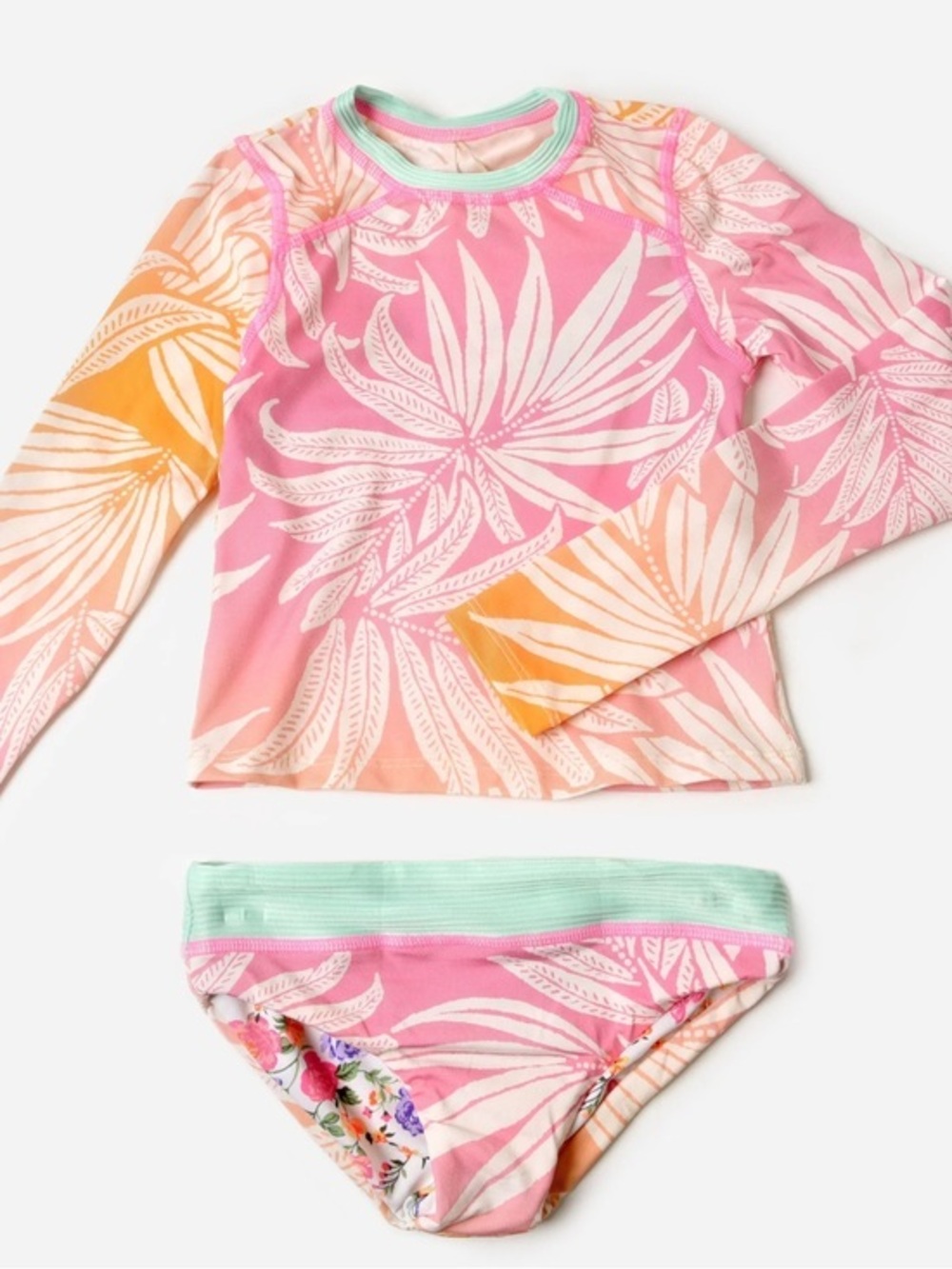 Maaji Girls Pink & Orange Ombre Foliage Rashguard Bikini Set